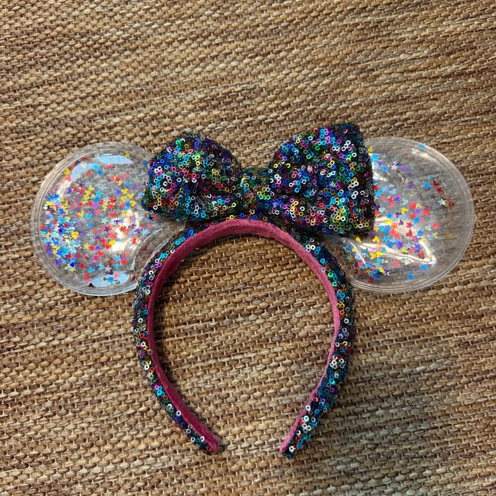 Disney Parks Mouse Ears Headband Rainbow Sequin Bow Clear Star Confetti
